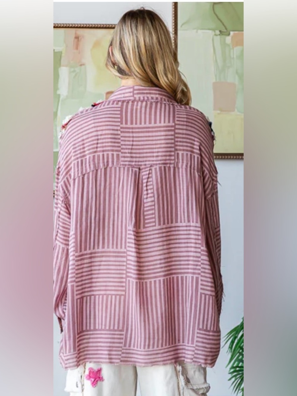 110. NEW Oli & Hali Striped Pink Button-Front Women’s Shirt with Fringe Detail - Picture 4 of 5